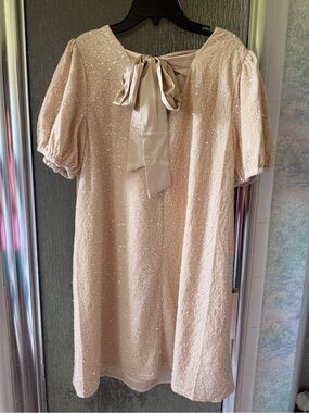 Girls' Sparkle Puff Sleeve Dress with Bow - Cream